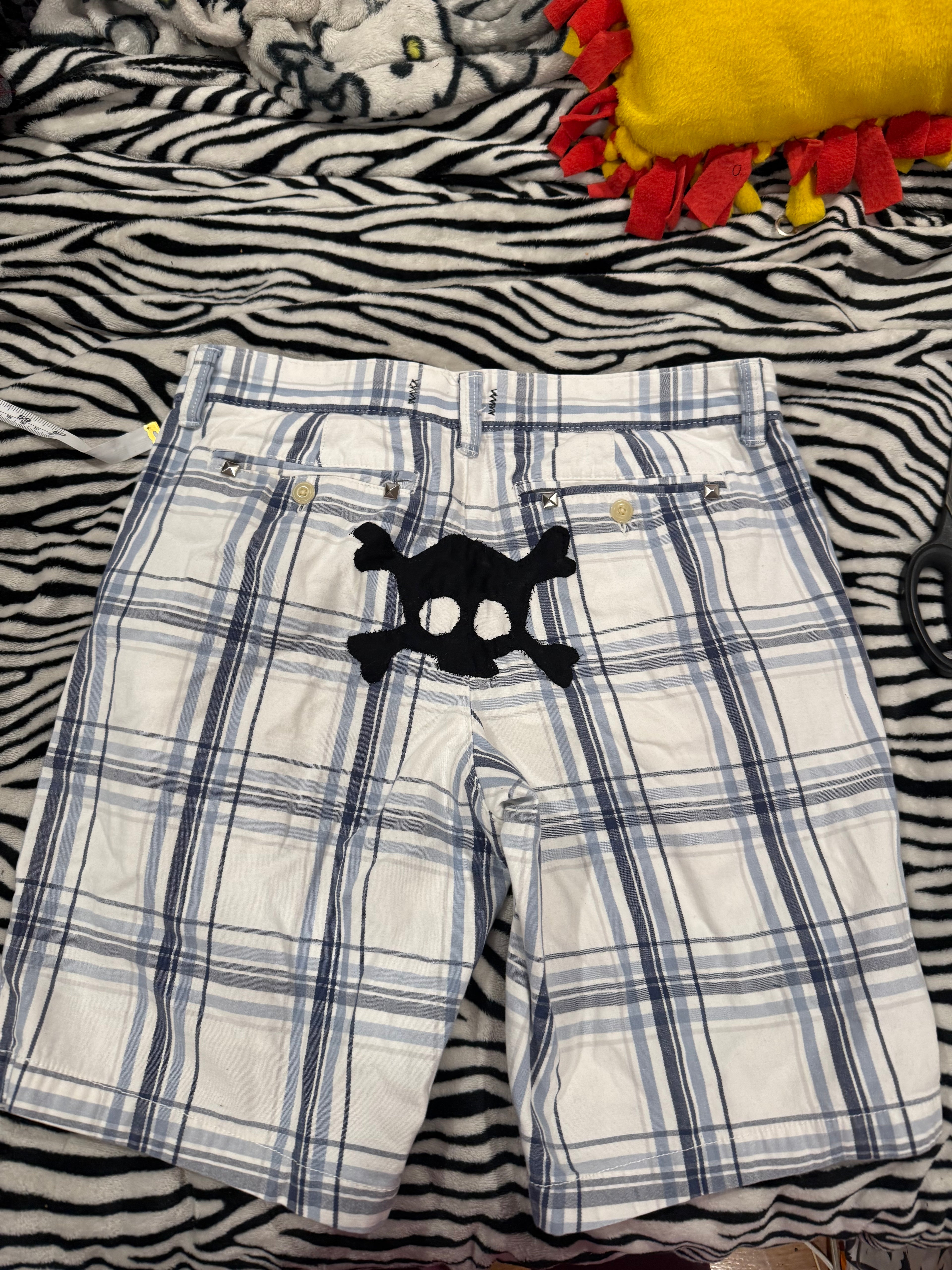 blue & black plaid skull studded shorts size size m