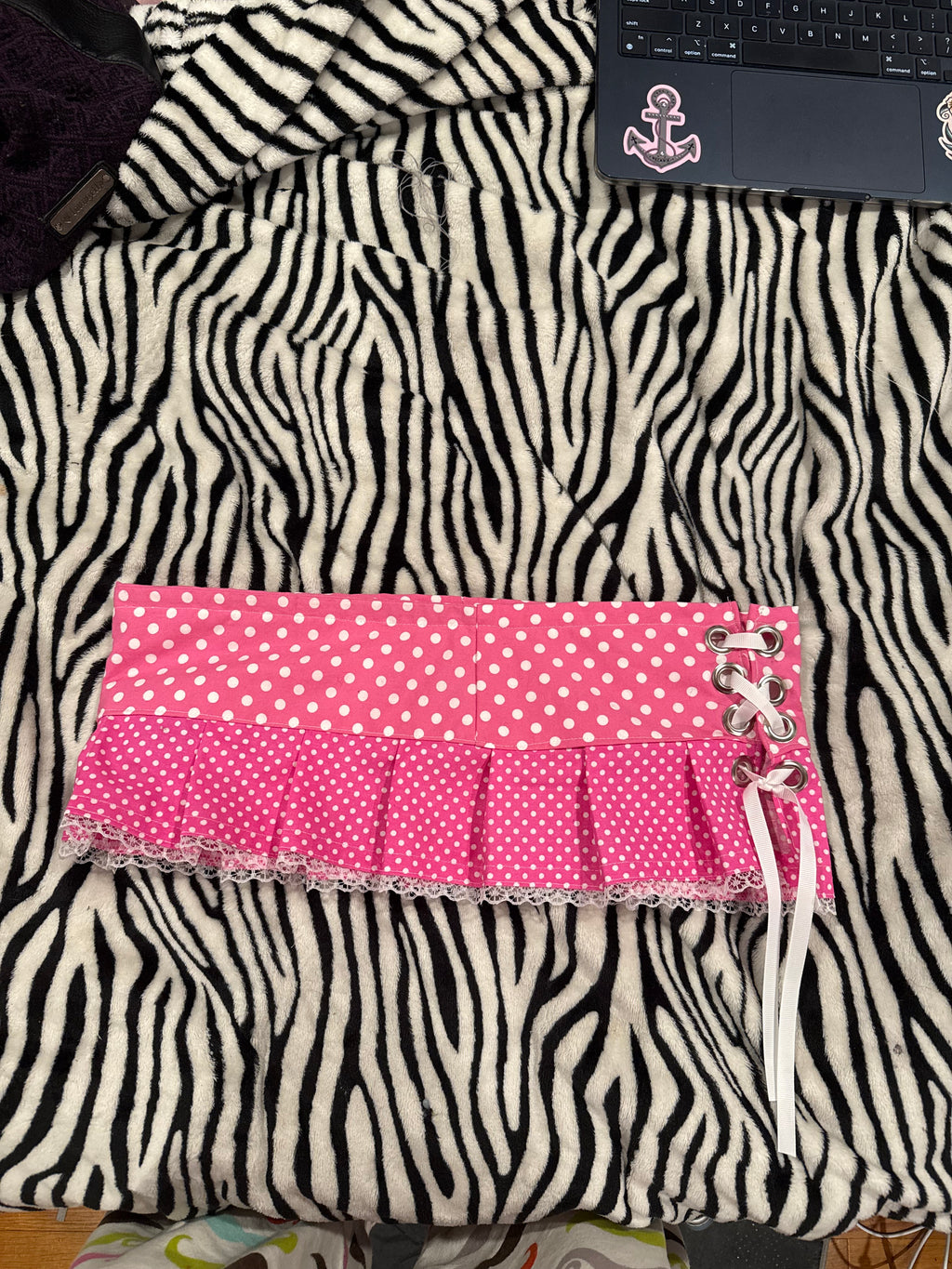 pink & white polka dot lace up micro skirt size xs