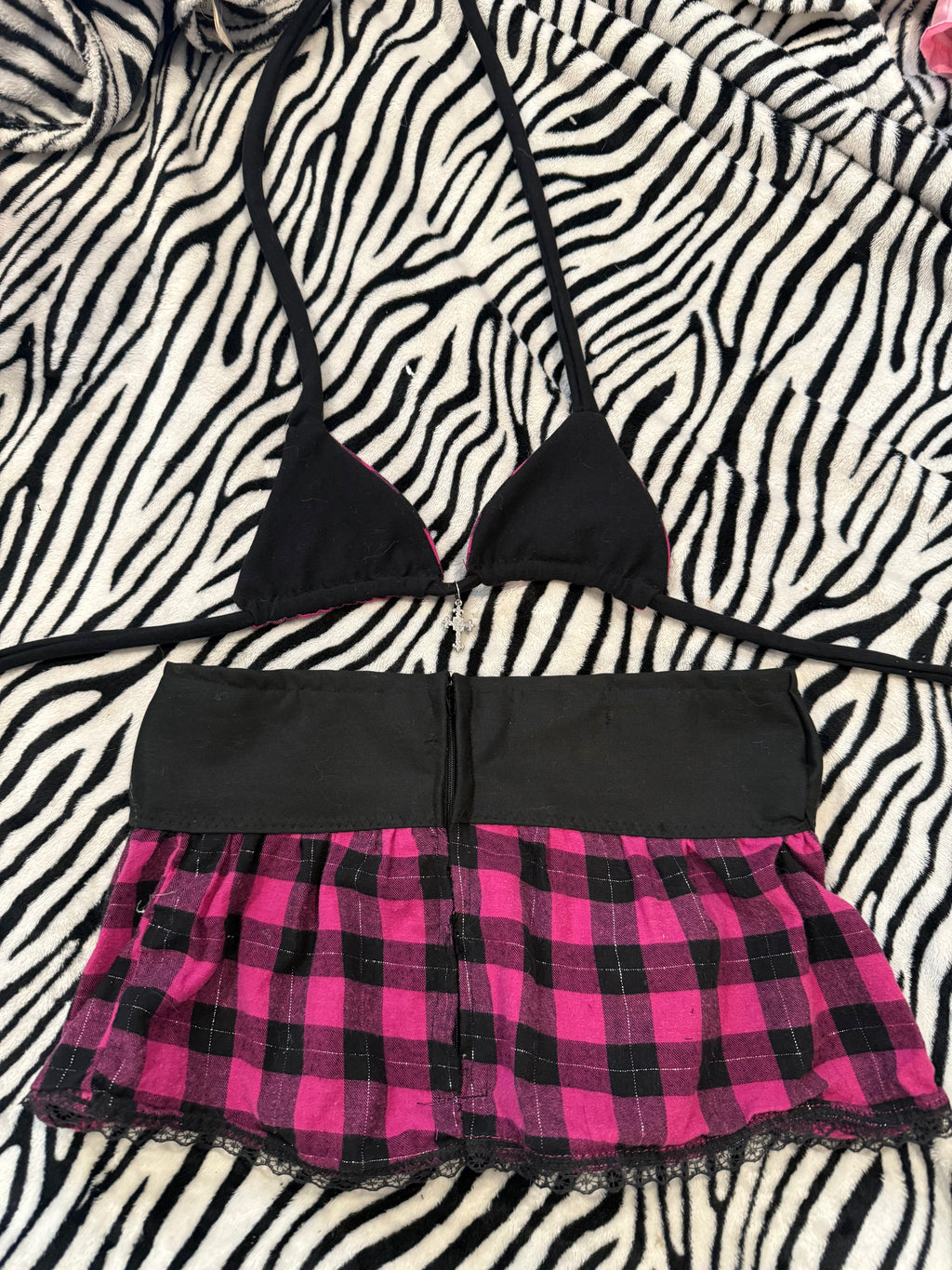 pink & black plaid rave size xxs