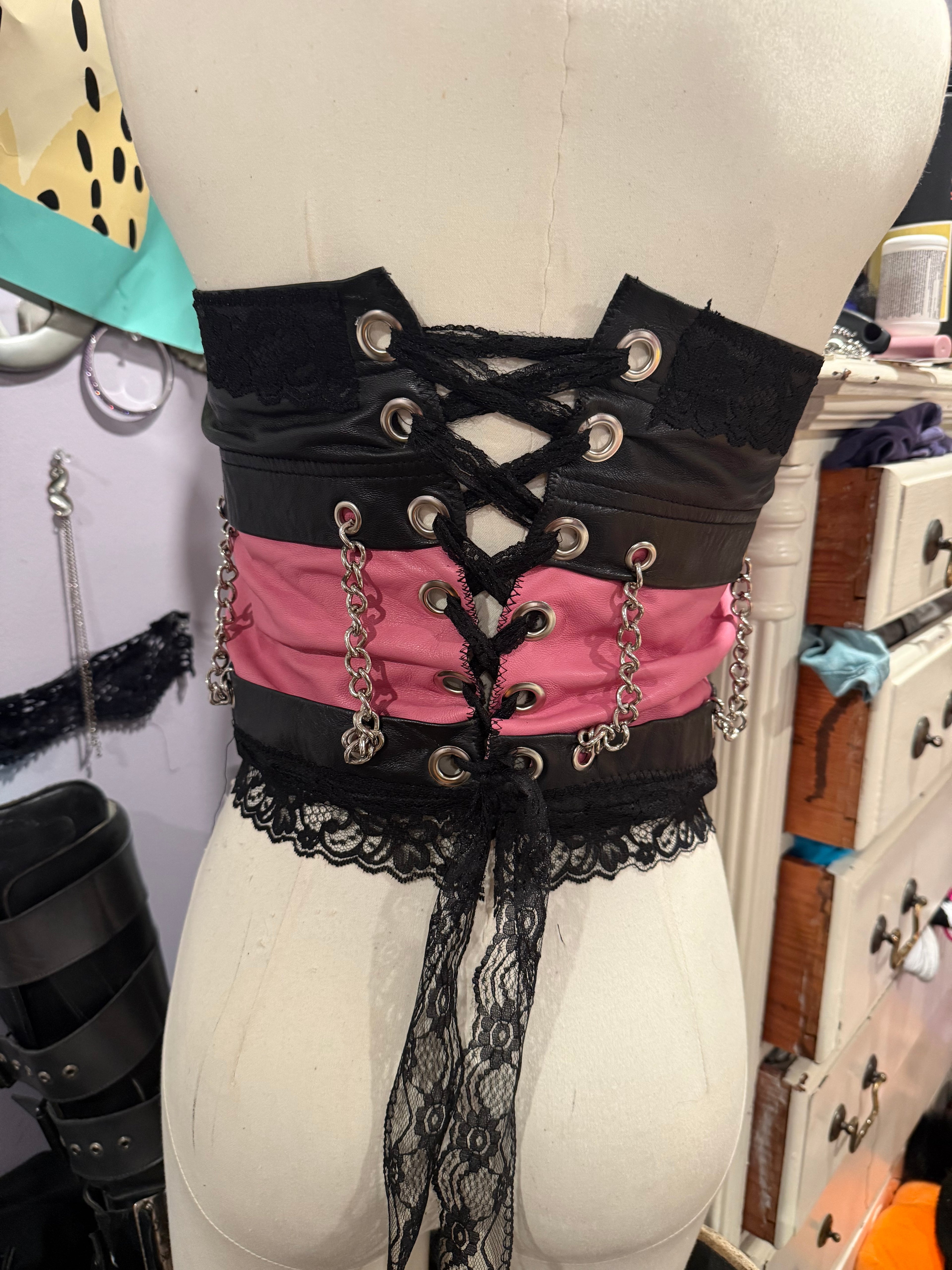 pink & black leather chain top size s