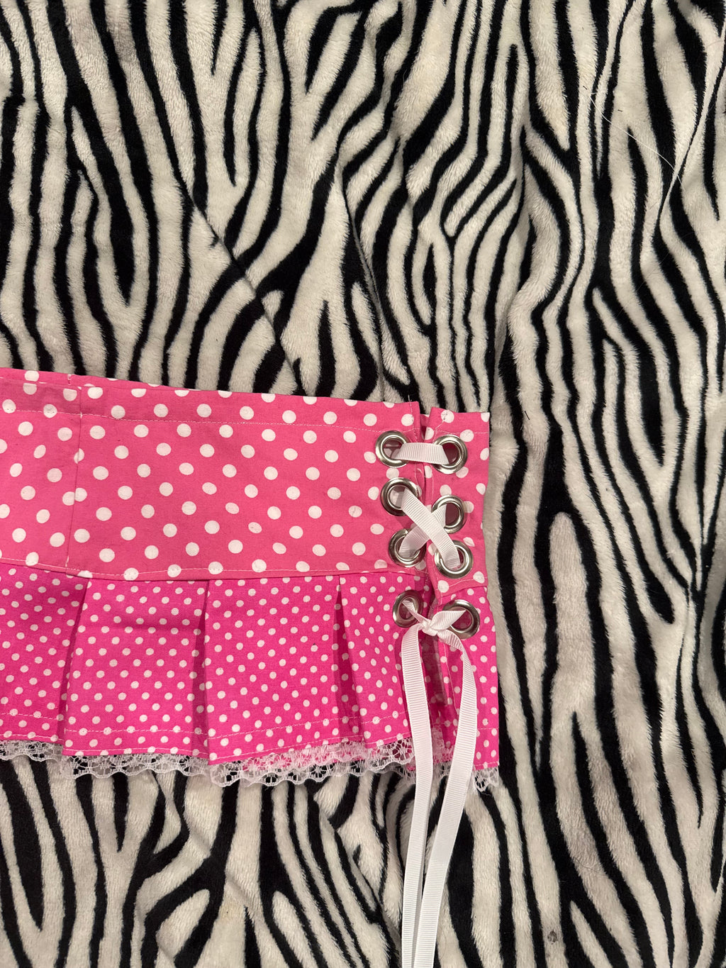 pink & white polka dot lace up micro skirt size xs