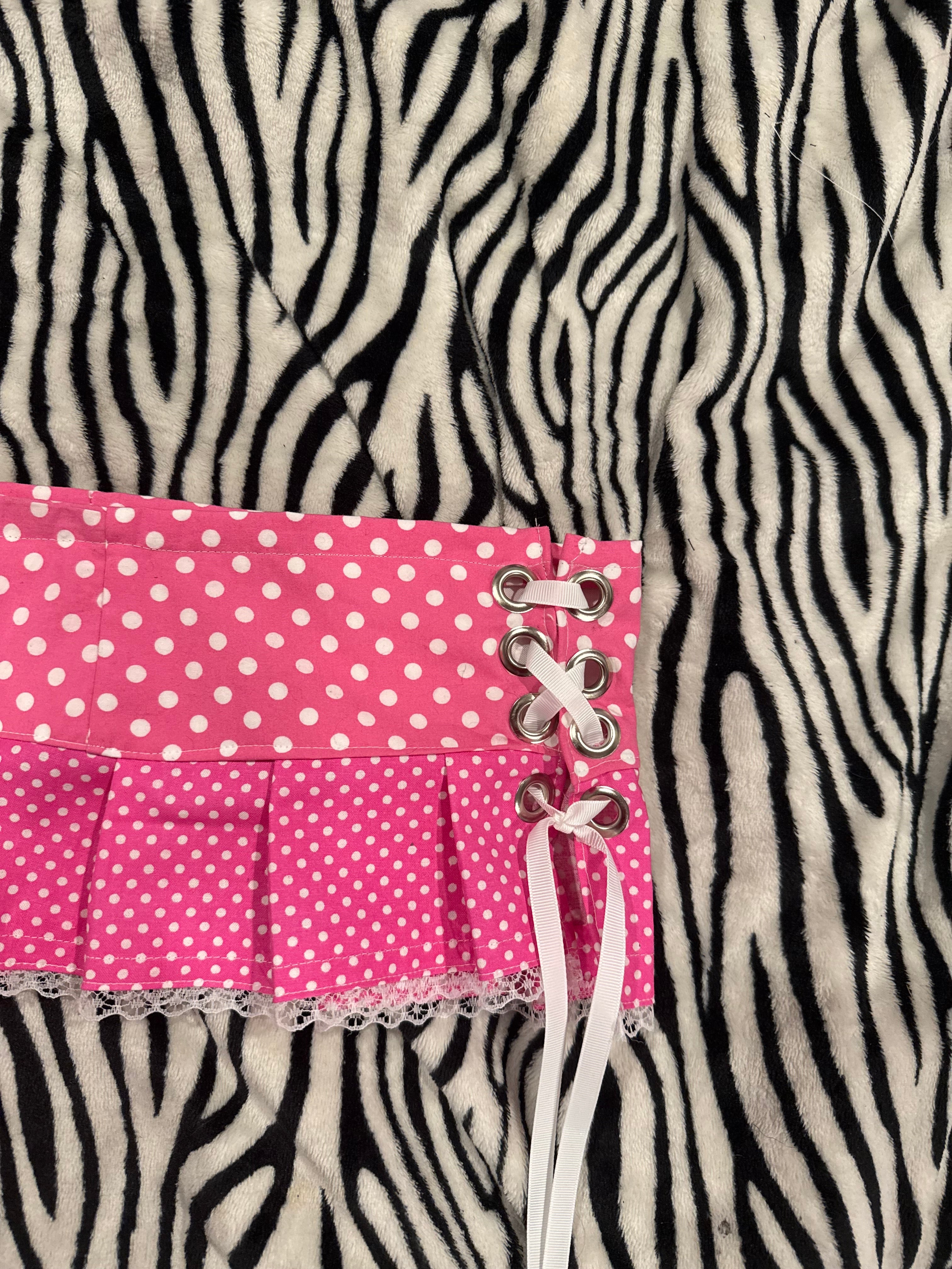 pink & white polka dot lace up micro skirt size xs