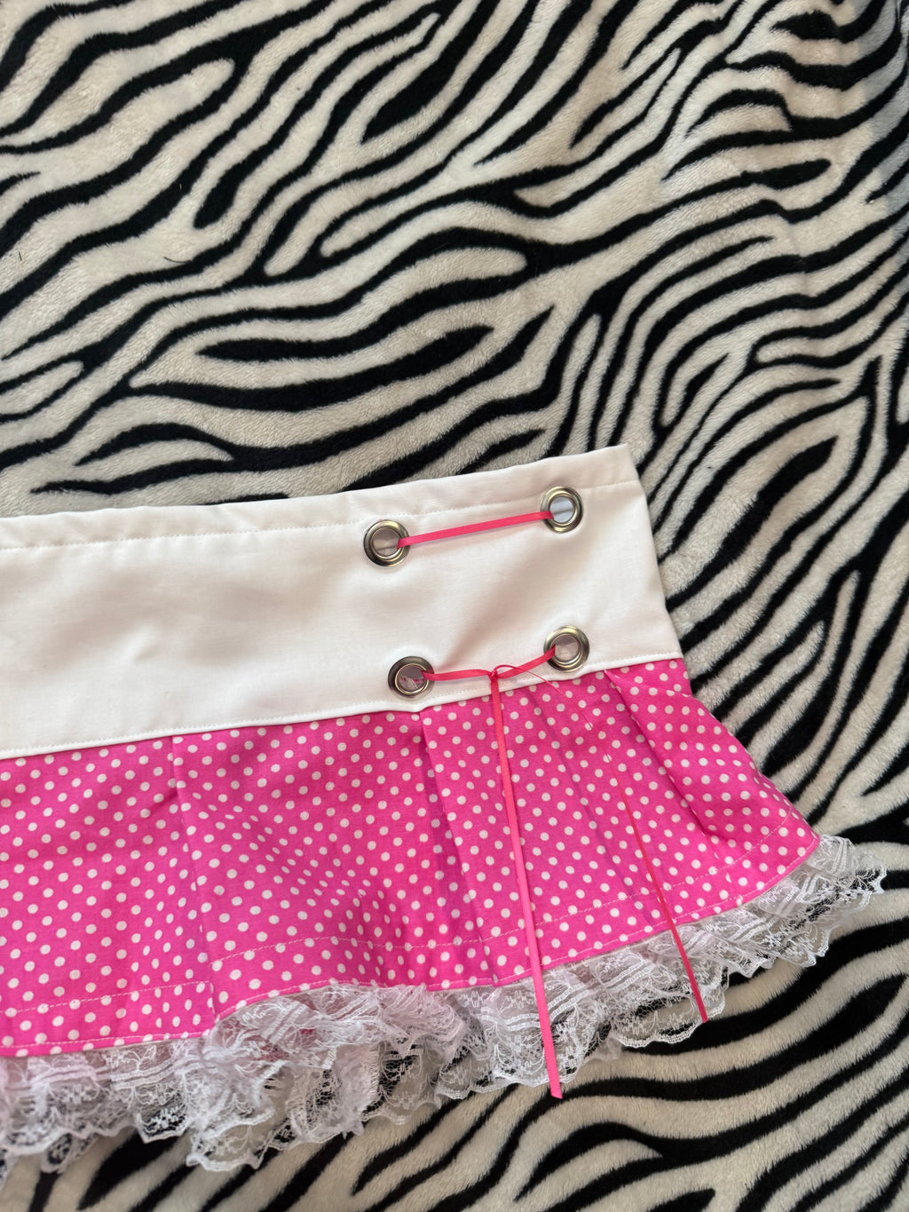 pink & white polka dot lace up mini skirt size xs