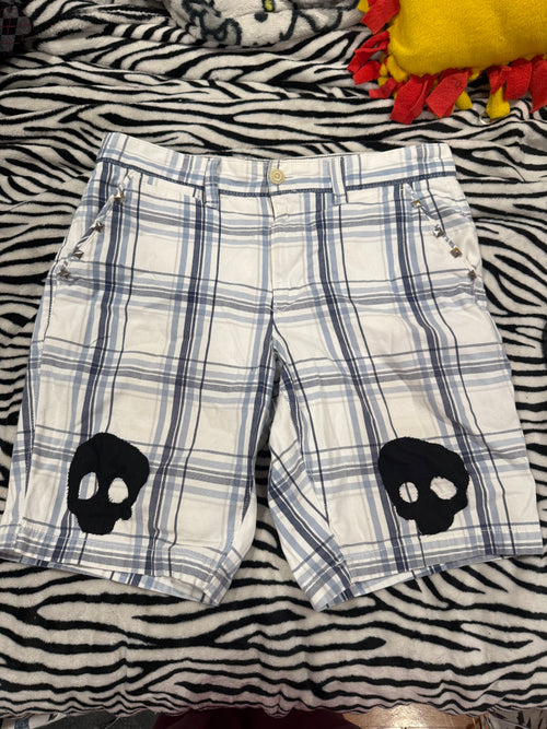 blue & black plaid skull studded shorts size size m