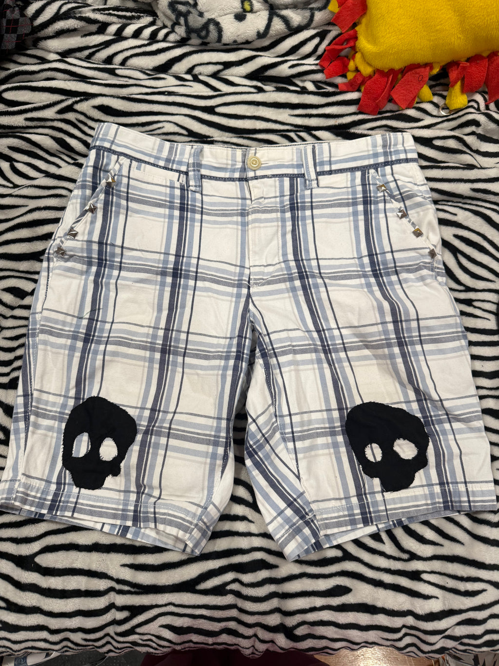 blue & black plaid skull studded shorts size size m