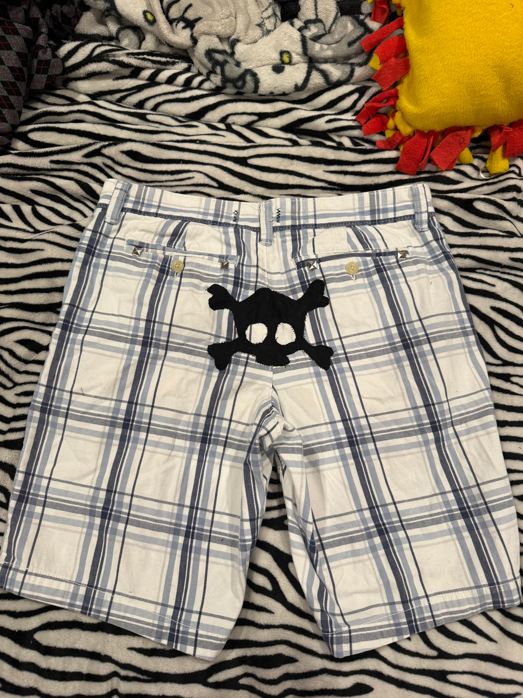 blue & black plaid skull studded shorts size size m