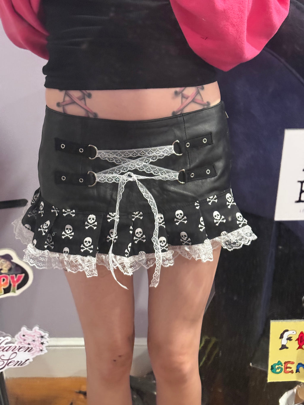 skull lace up leather skirt size xs