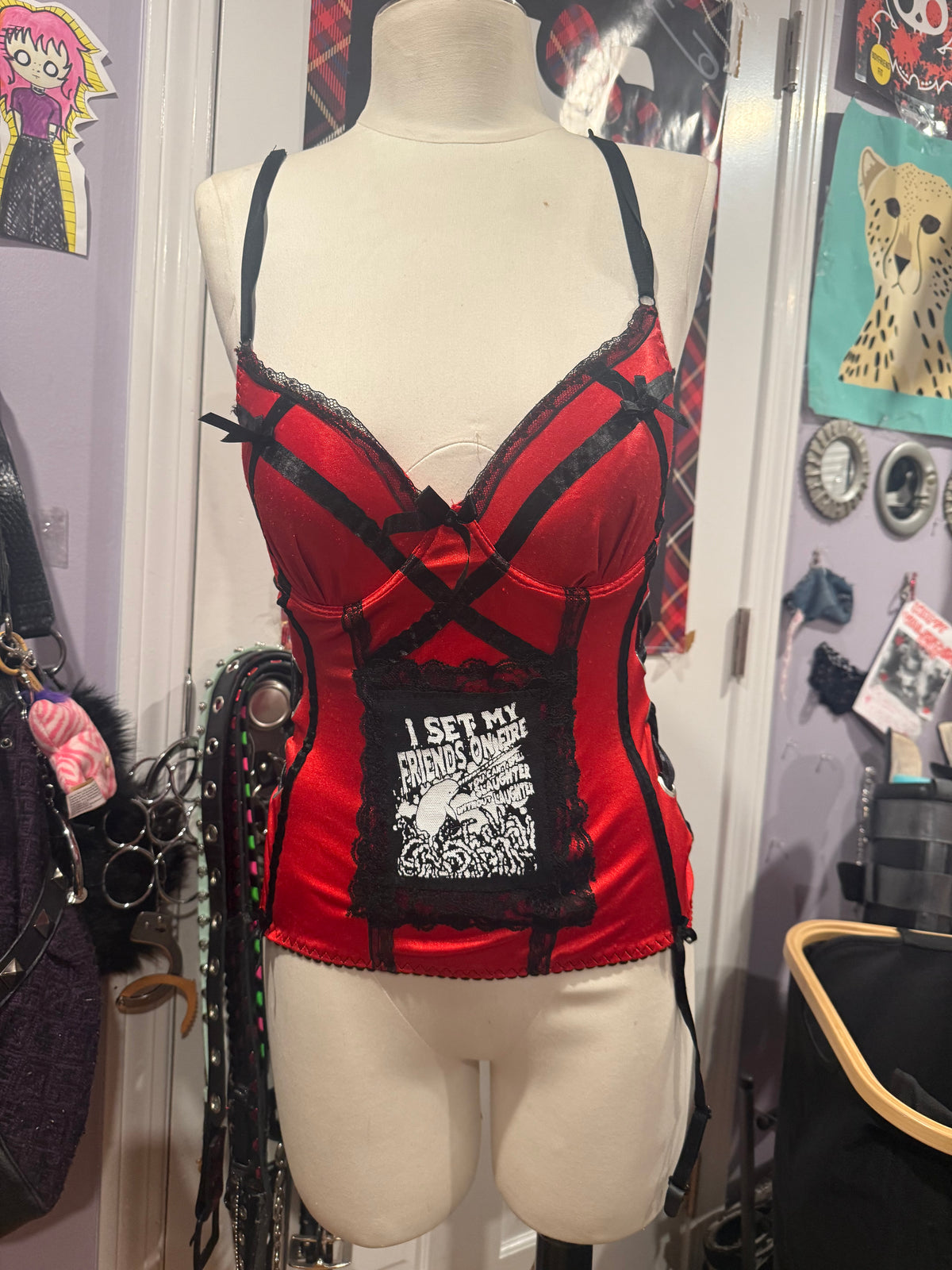 red & black lace corset top size xs/s