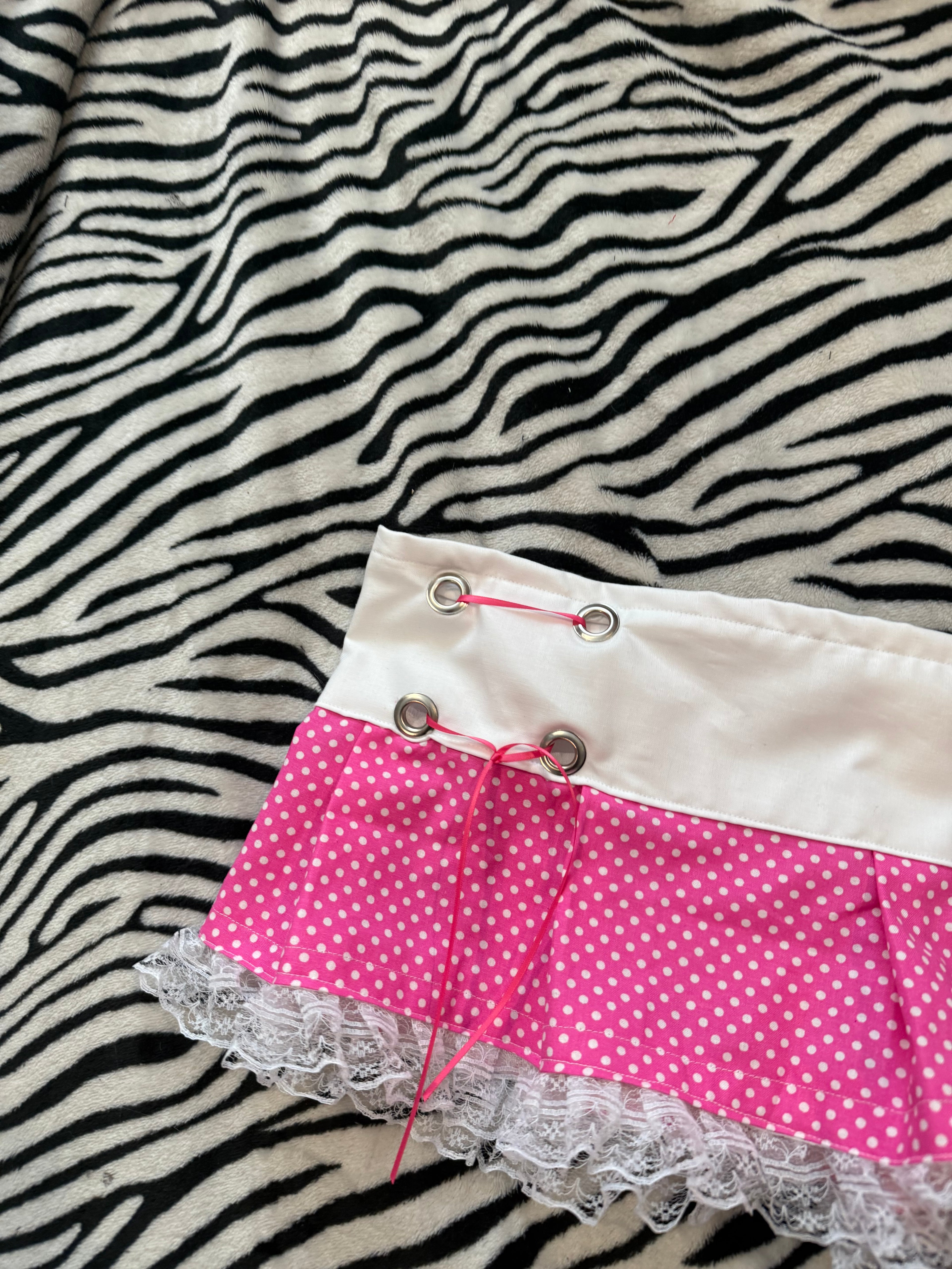 pink & white polka dot lace up mini skirt size xs