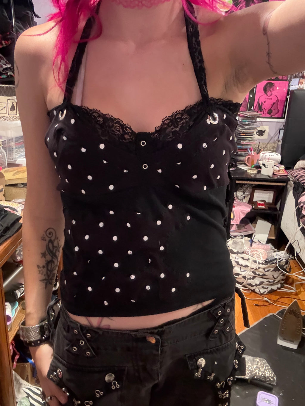 polka dot lace skull halter top size xs/s