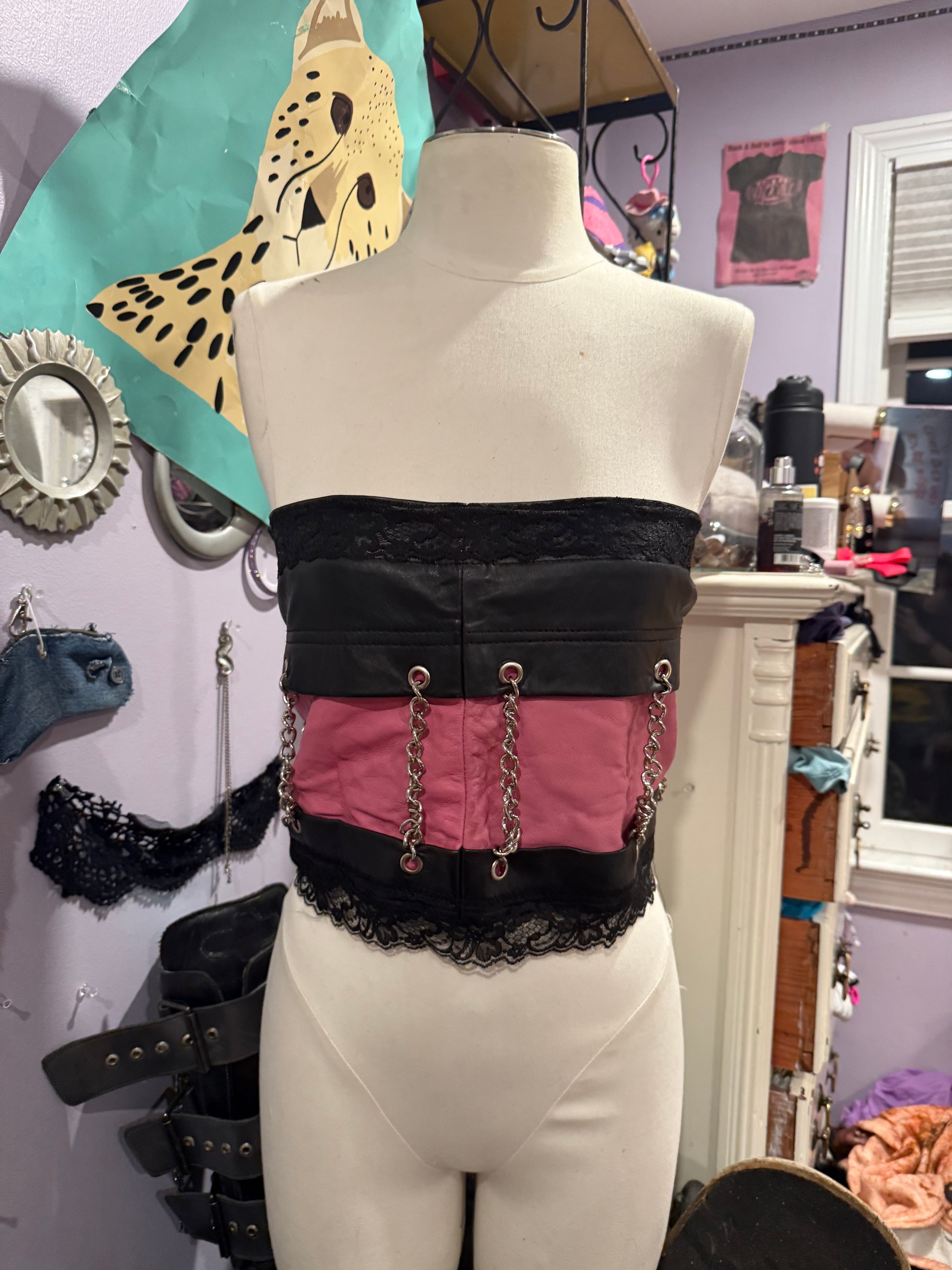 pink & black leather chain top size s