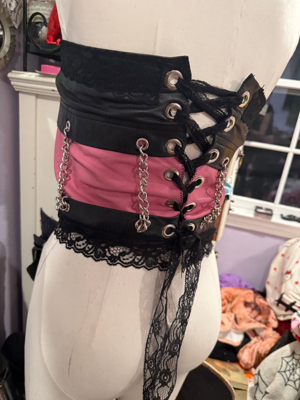 pink & black leather chain top size s