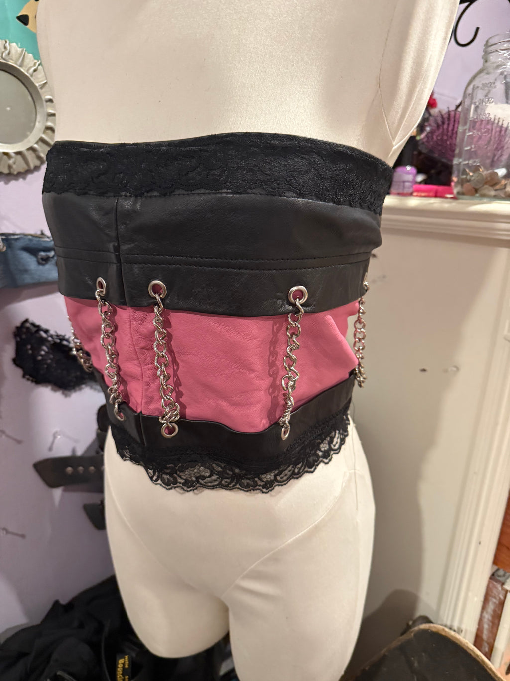 pink & black leather chain top size s