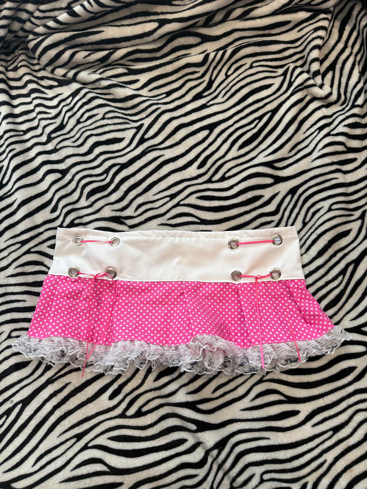 pink & white polka dot lace up mini skirt size xs