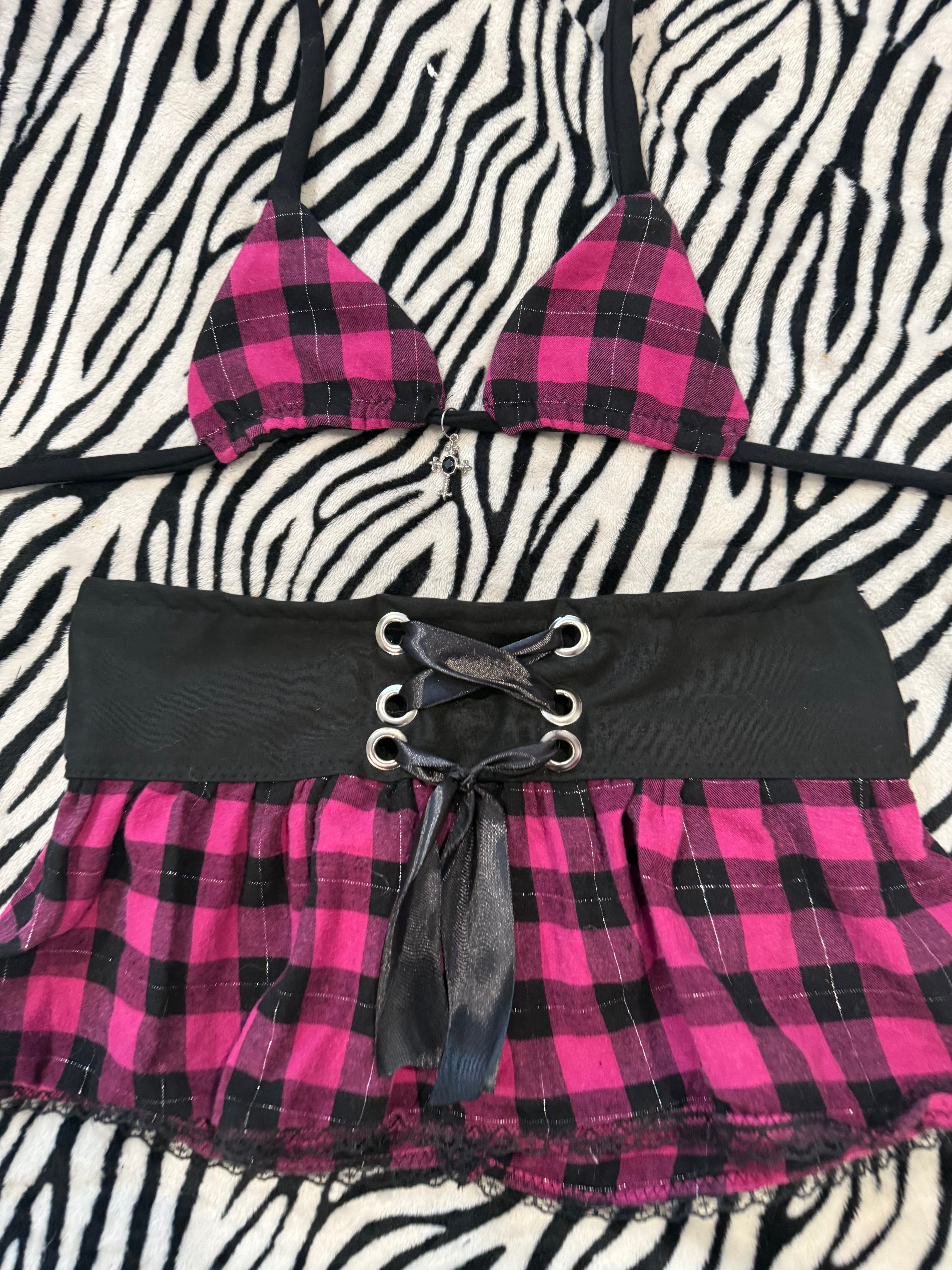 pink & black plaid rave size xxs