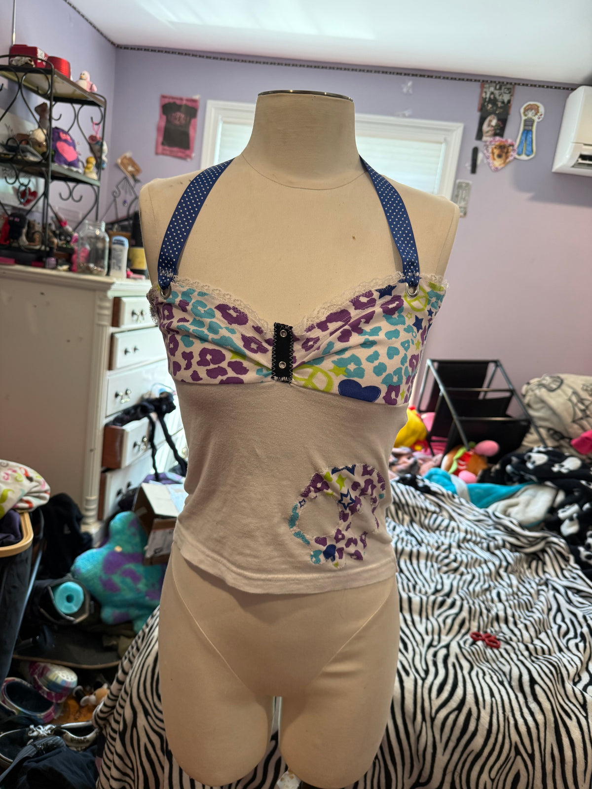 white & multicolored skull lace up top size xs/s