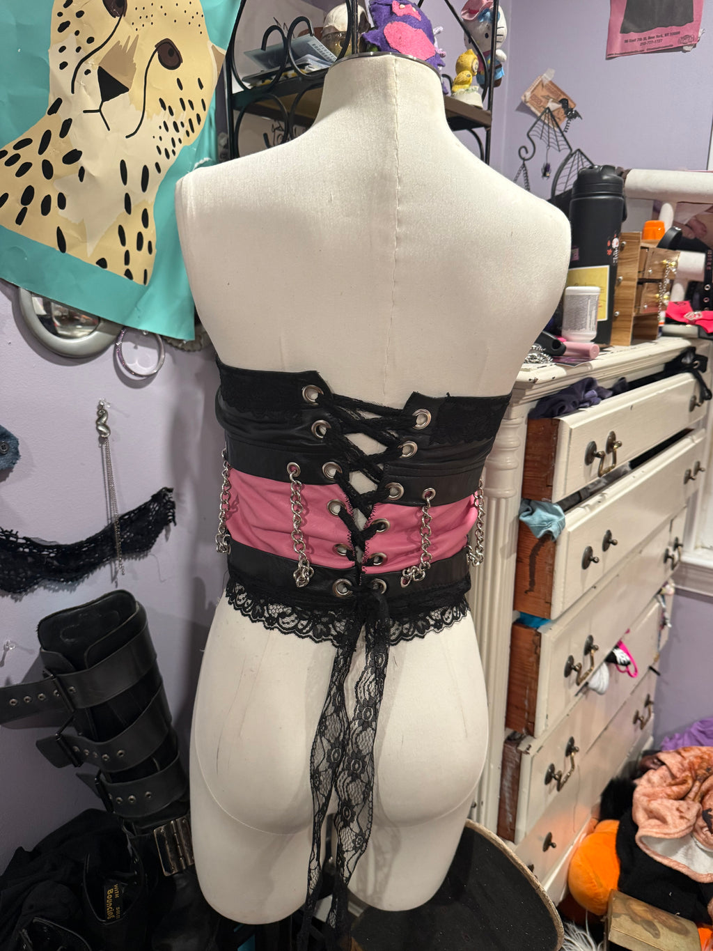 pink & black leather chain top size s