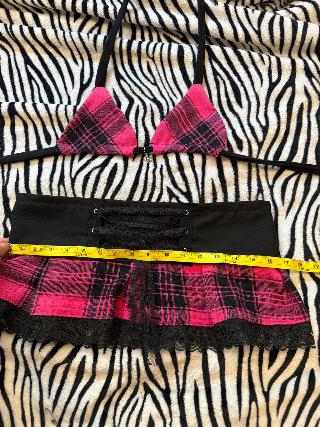 pink & black plaid lace up set size xs
