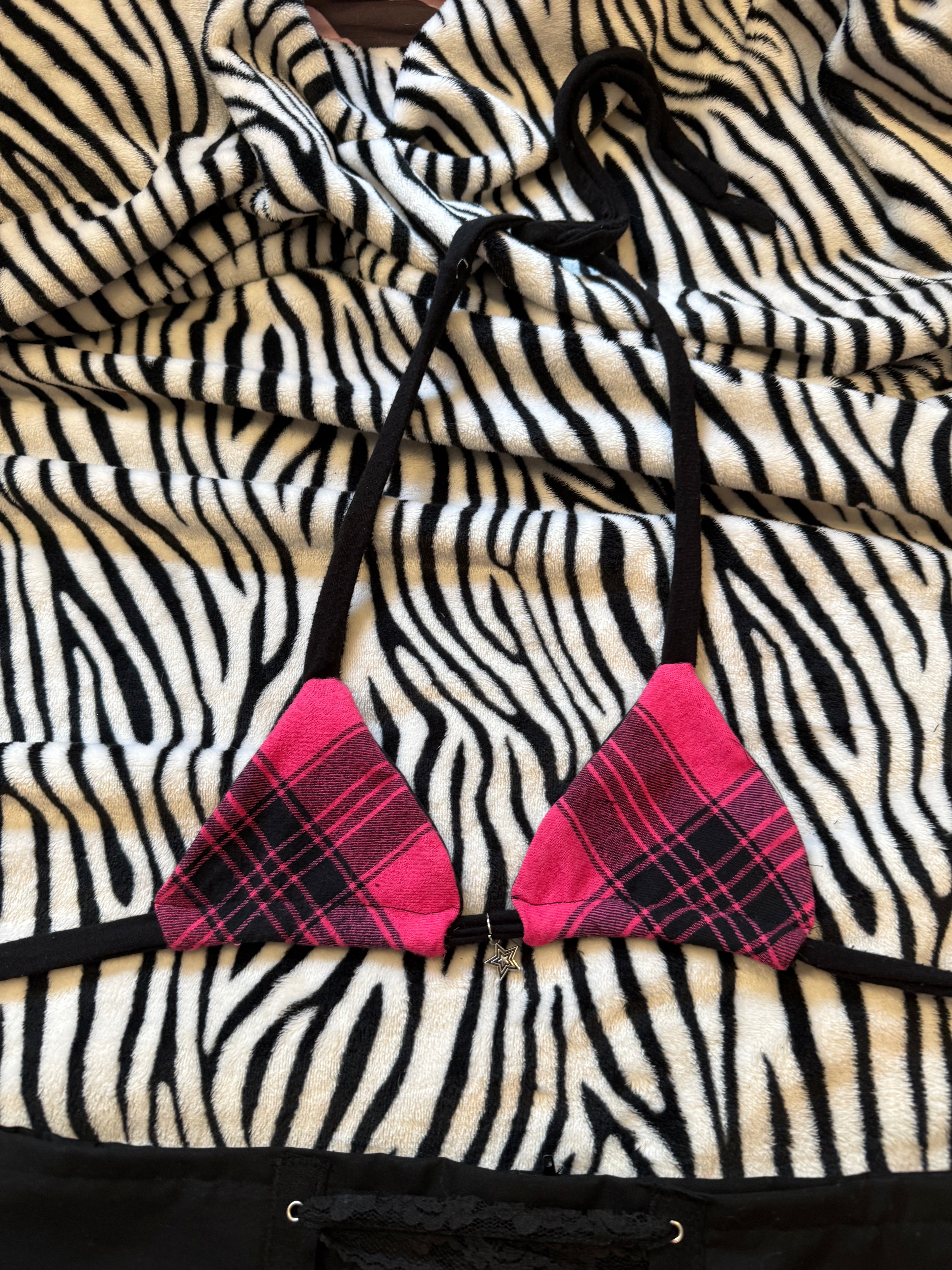 pink & black plaid lace up set size xs