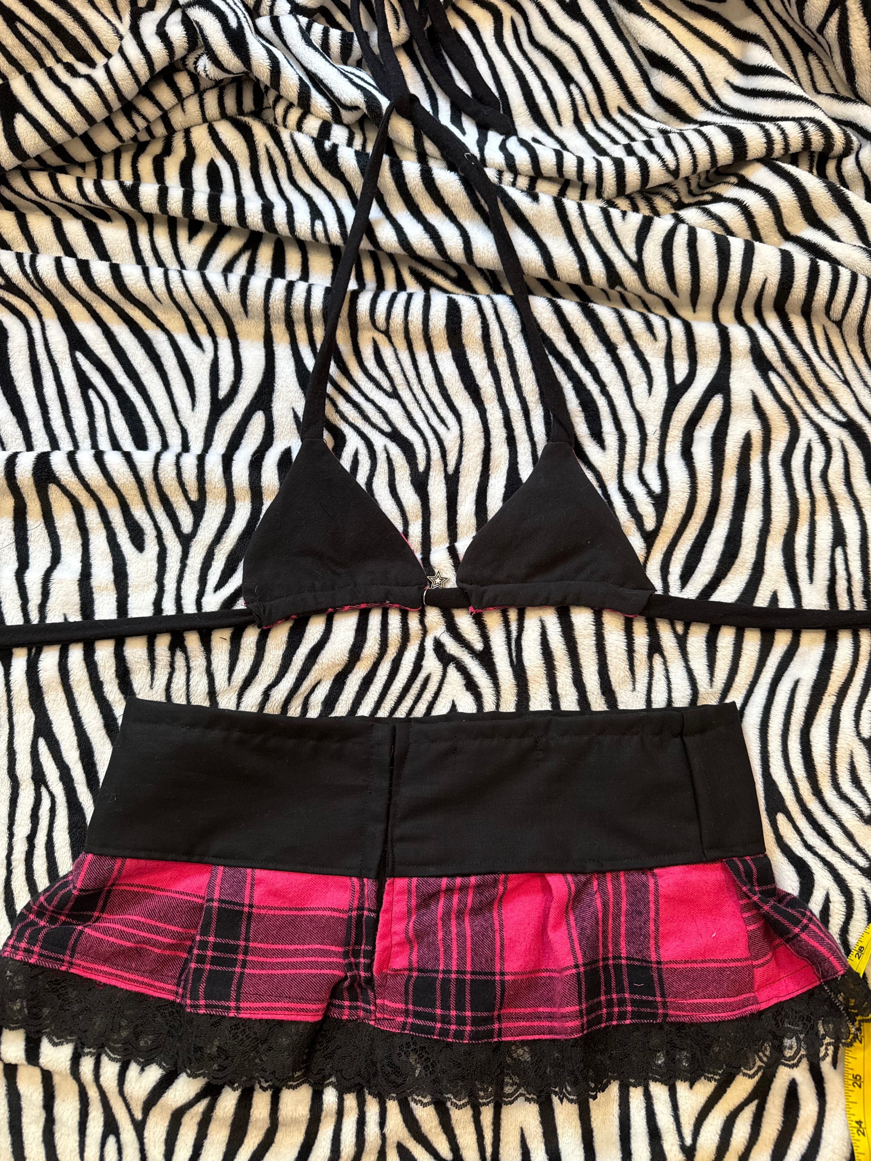 pink & black plaid lace up set size xs
